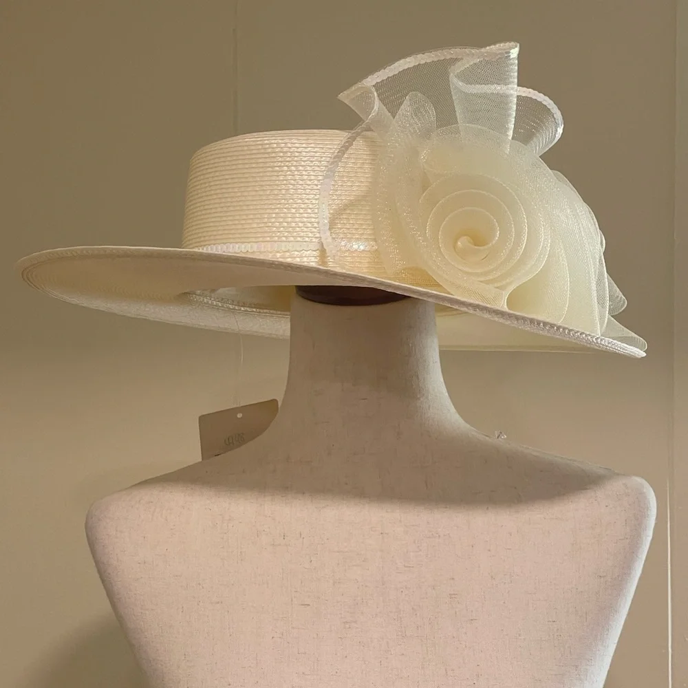 NWT Kathy Jeanne Kettle Hat With Bow Church Wedding Derby Party Ivory One Size - Picture 7 of 11